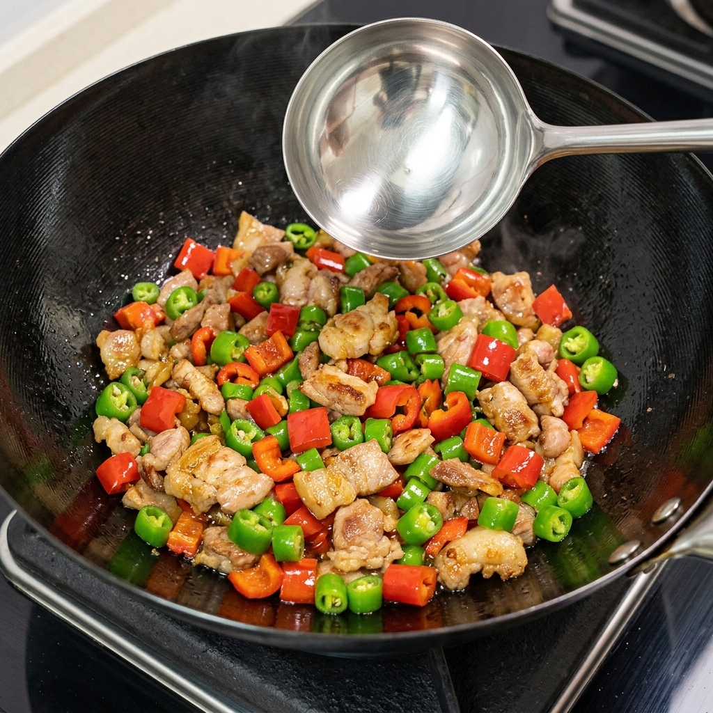 Frisch gehackte rote und grüne Chilis sowie Knoblauchscheiben werden über das bratende Schweinefleisch im Wok gestreut.