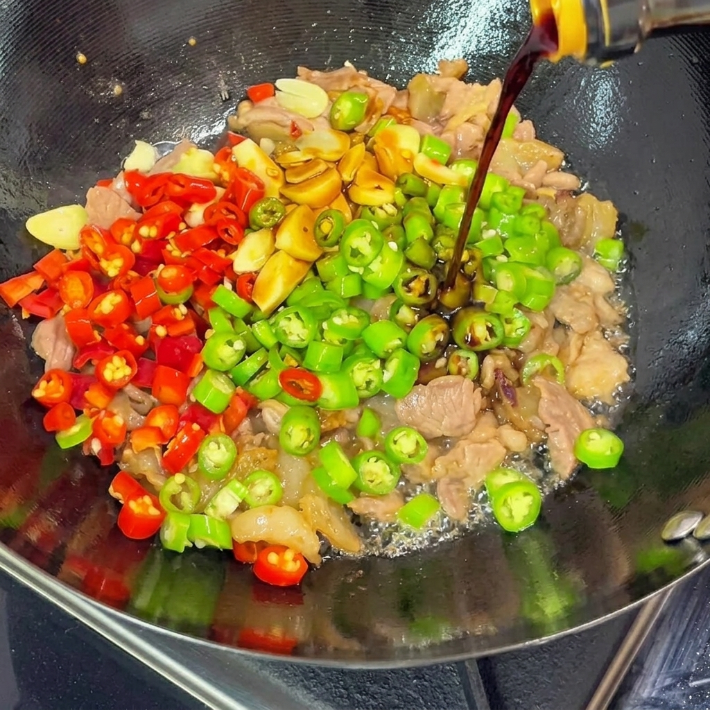 Dunkle Sojasauce wird aus einer Flasche in den brutzelnden Wok mit Schweinefleisch, Knoblauch und Chilis gegossen.