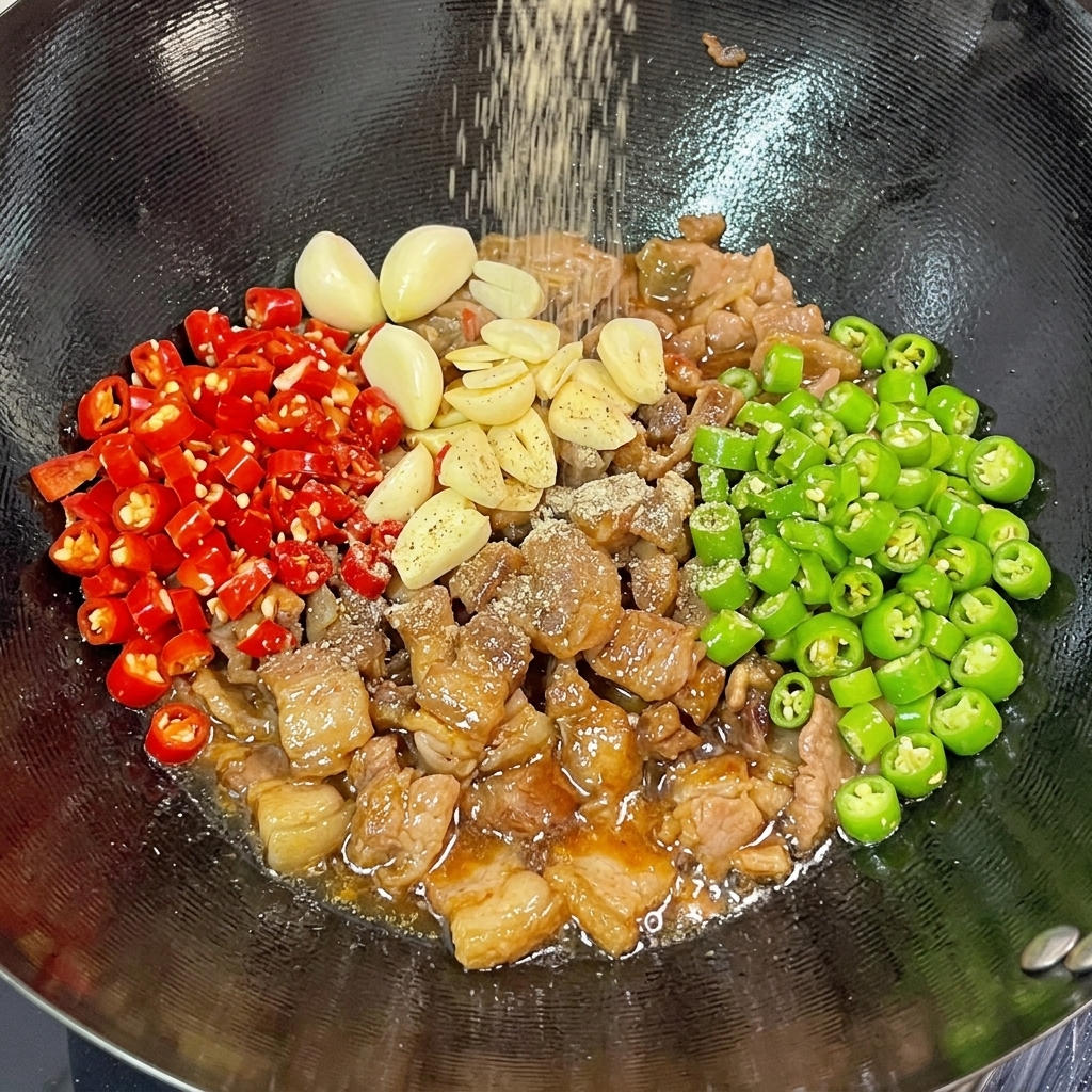 Feines Pfefferpulver rieselt von oben auf die Mischung aus gebratenem Schweinebauch, Knoblauch und frischen Chilis im heißen Wok.