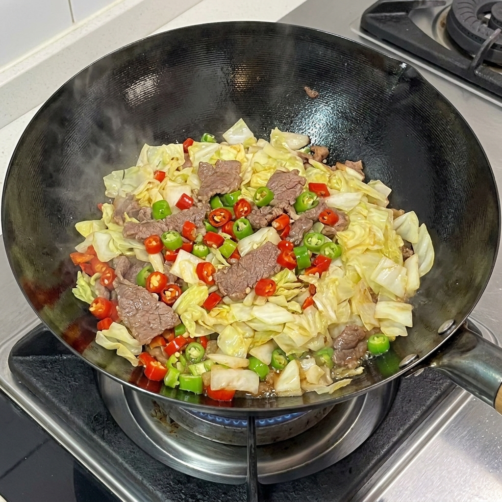 Eine große Portion vorgebratener, eingelegter Kohl wird auf die gewürzte Fleisch-Chili-Mischung im Wok gegeben.
