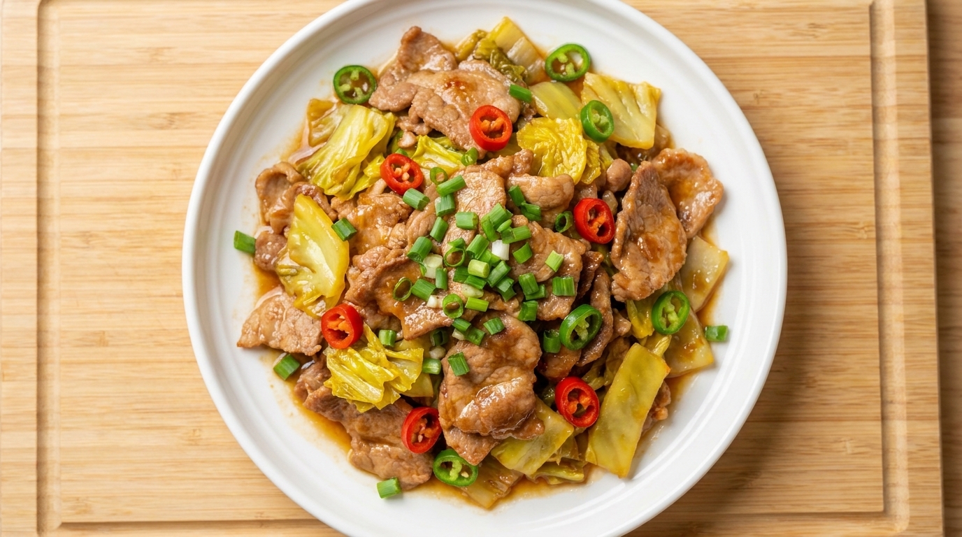 Ein Teller mit gebratenem Schweinefleisch und eingelegtem Kohl, gewürzt mit Chili und frischen Frühlingszwiebeln.
