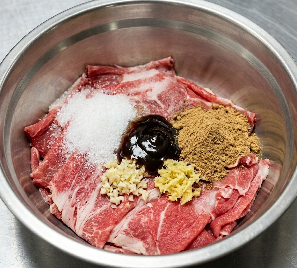 Das Fleisch in der Schüssel ist nun mit Zucker, Gewürzen und weiteren Zutaten bedeckt.