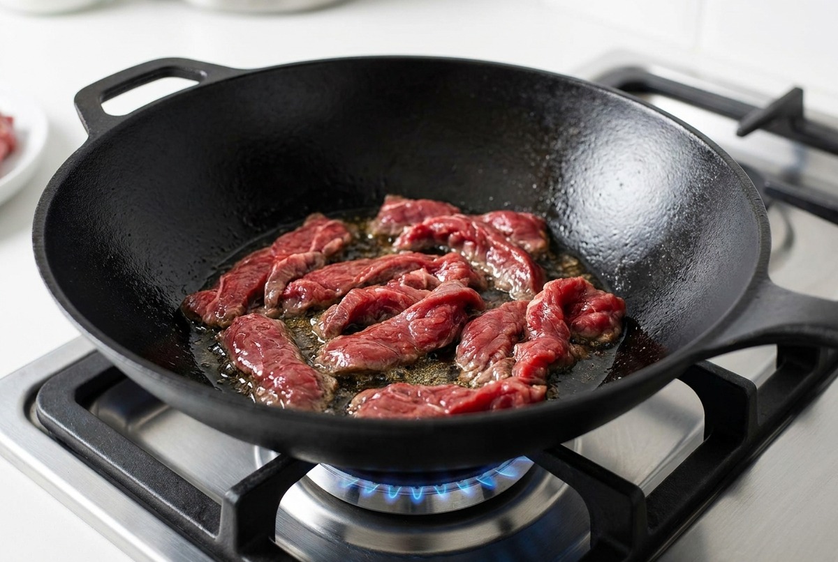 Mariniertes Rindfleisch brutzelt in einem heißen Wok.