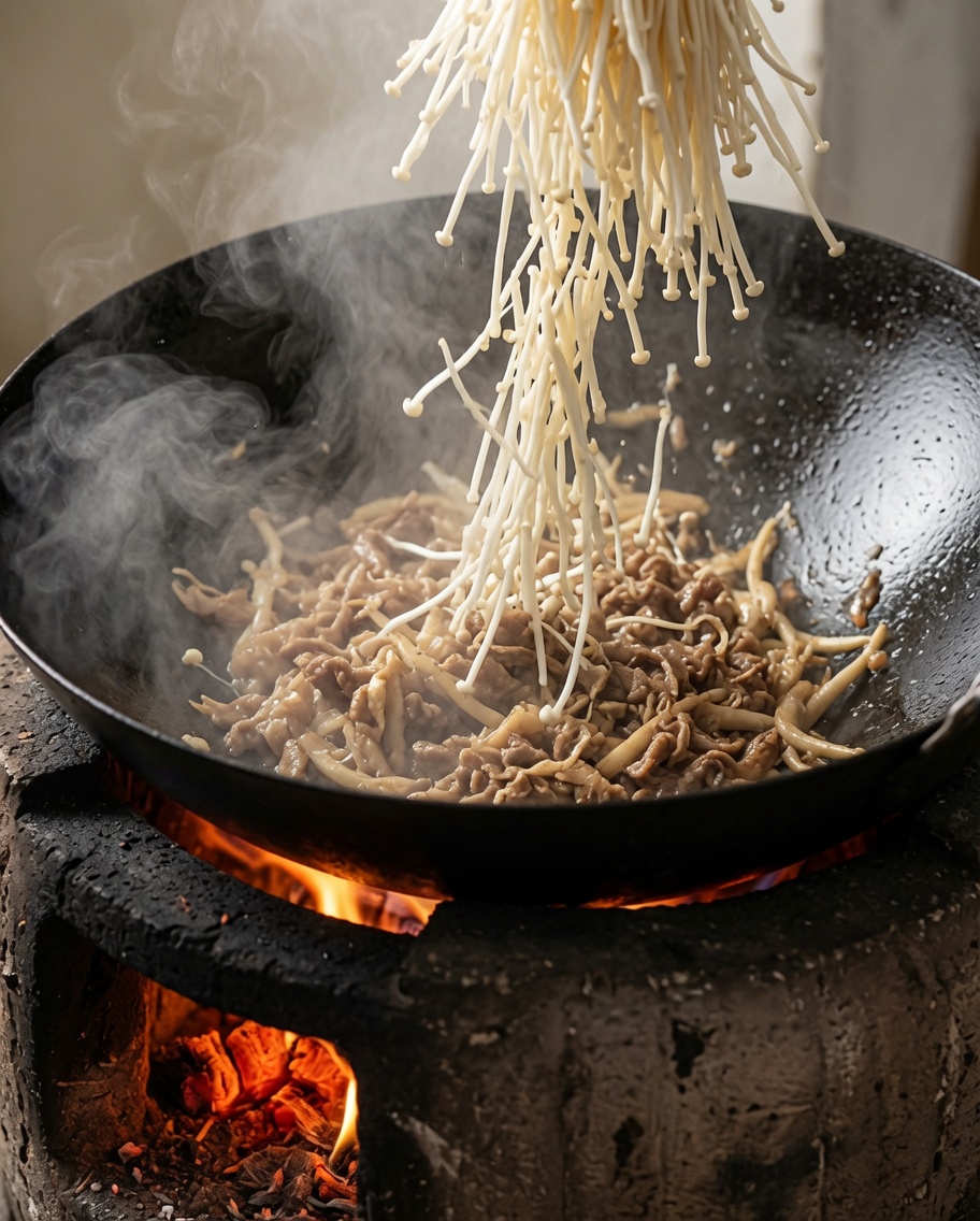 Frische Enoki-Pilze werden in den Wok gegeben.
