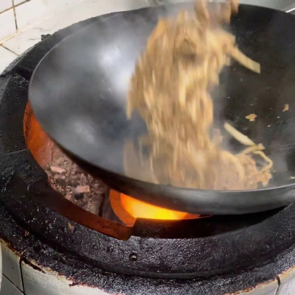 Die Rindfleisch-Pilz-Mischung wird über weißen Reis in einer traditionellen Schüssel gegeben.
