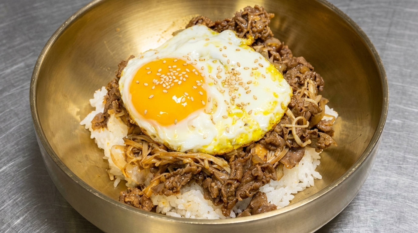 Ein herzhafter koreanischer BBQ-Rindfleisch-Bowl in einer goldenen Schüssel mit einem Spiegelei und Sesam.
