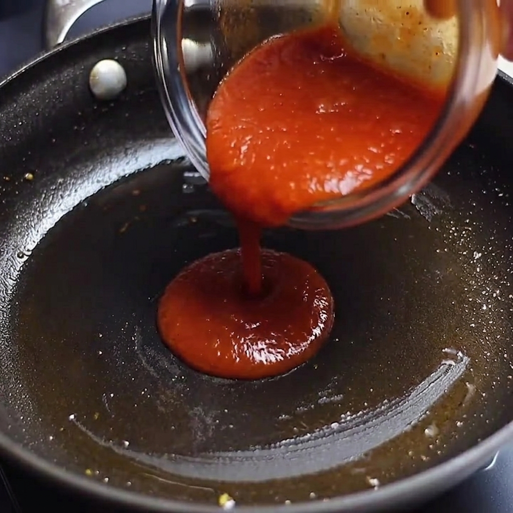Die zubereitete Saucenmischung wird in eine Pfanne gegossen und zum Kochen gebracht.