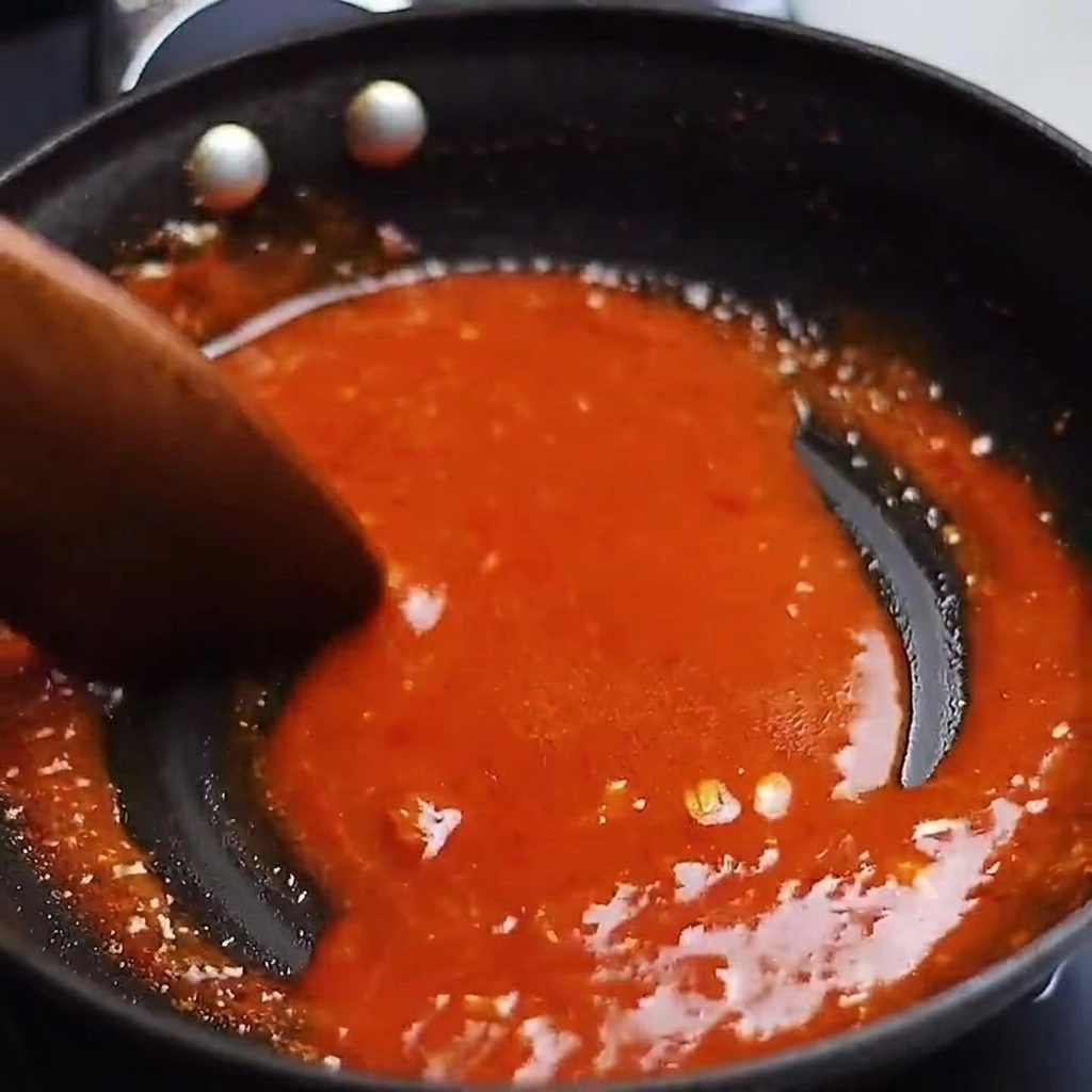 Angebratene Schweinebauchstreifen werden in der Pfanne in einer köchelnden, dicken roten Sauce gewendet.