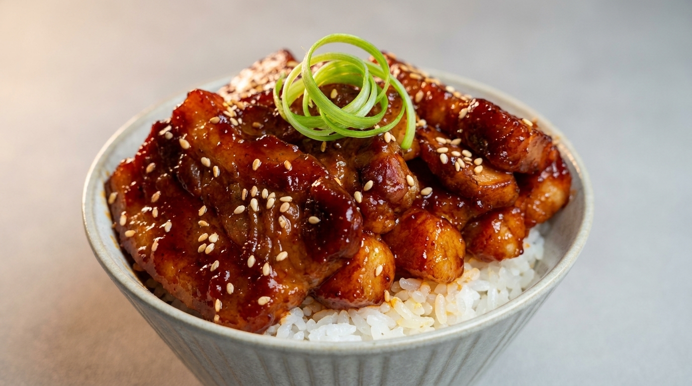 Koreanische Schweinebauch-Reisschale mit Gochujang-Glasur