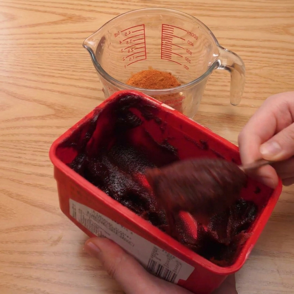 Ein Messbecher mit einer Mischung aus Chilipulver, koreanischer Chilipaste und anderen Zutaten, in die Sprite gegossen wird.