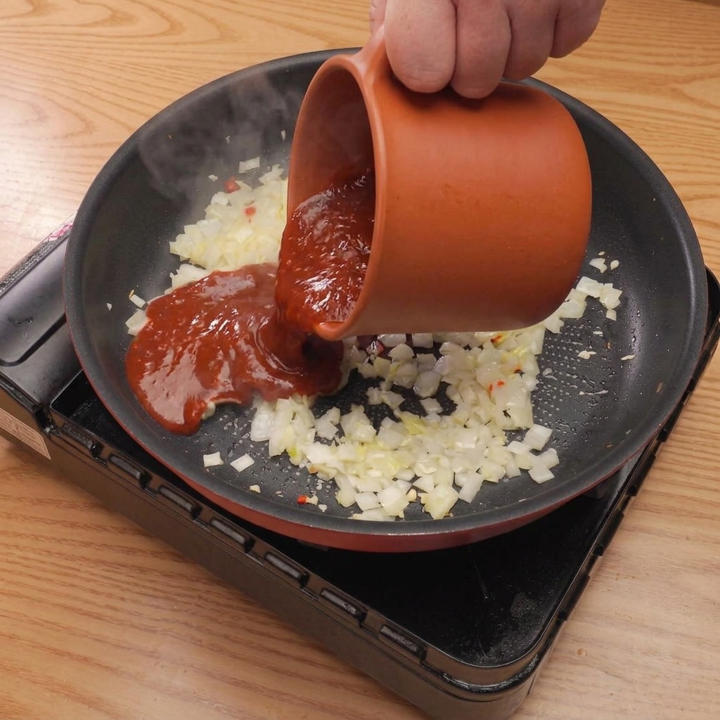 Eine dunkelrote Saucenmischung wird in eine Pfanne mit angebratenen Aromaten gegossen und köchelt bei geringer Hitze.