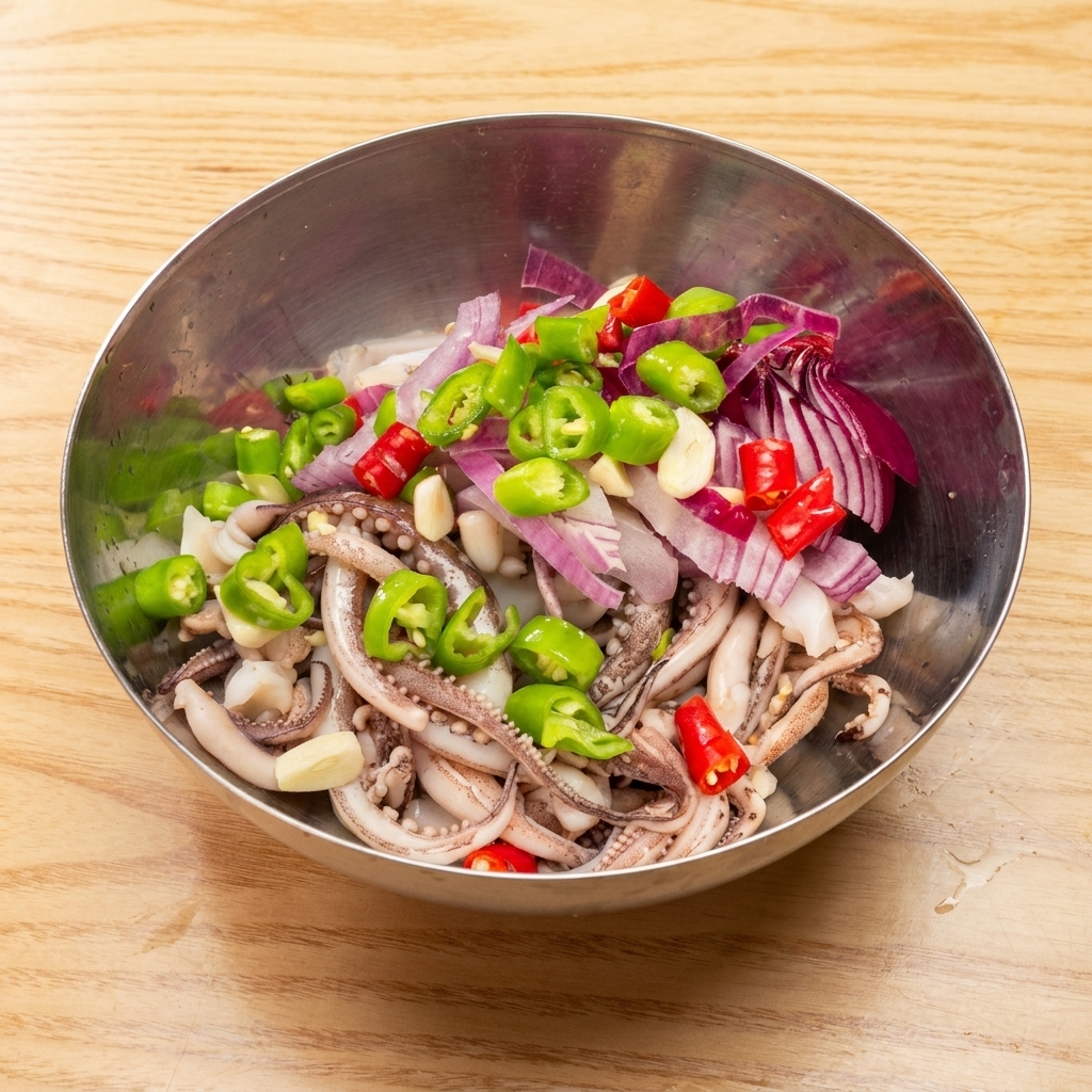 Blanchierte Tintenfischbeine werden in einer Edelstahlschüssel mit Zwiebeln, Knoblauch, Chili und einer würzigen Knoblauchsauce vermengt.