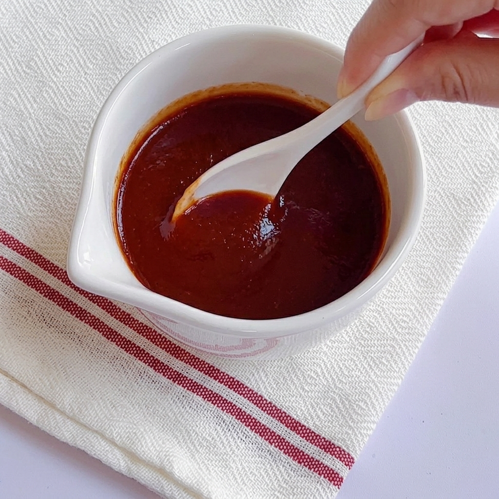 Nahaufnahme eines weißen Löffels, der eine dicke, dunkelrote Sauce in einer Schüssel rührt.