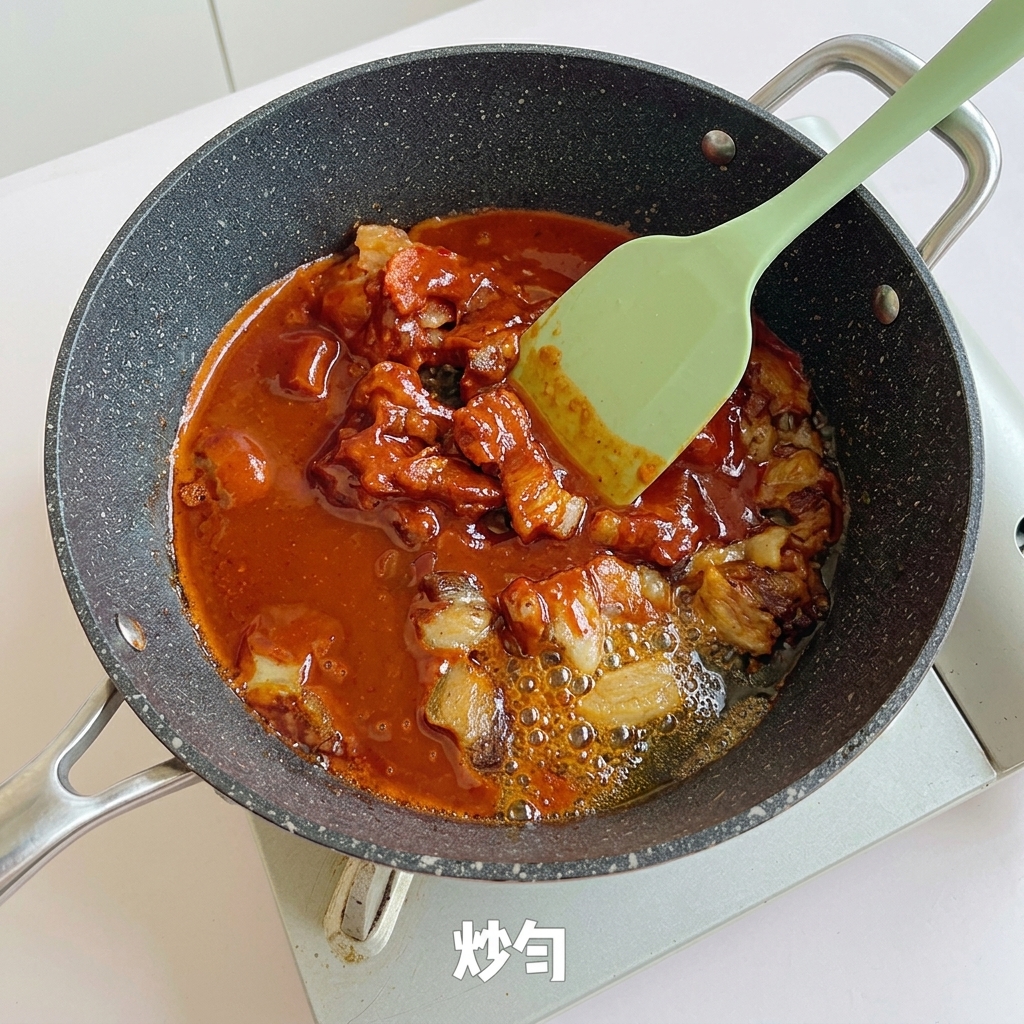 Schweinebauch und Kimchi werden mit Sauce in einer Pfanne mit einem hellgrünen Pfannenwender gebraten.