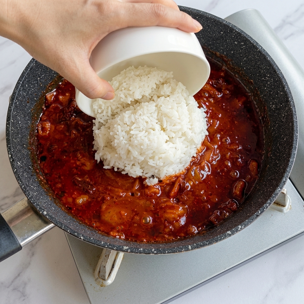 Eine Schüssel mit weißem Reis wird zum gebratenen Schweinebauch und Kimchi in die Pfanne gegeben.