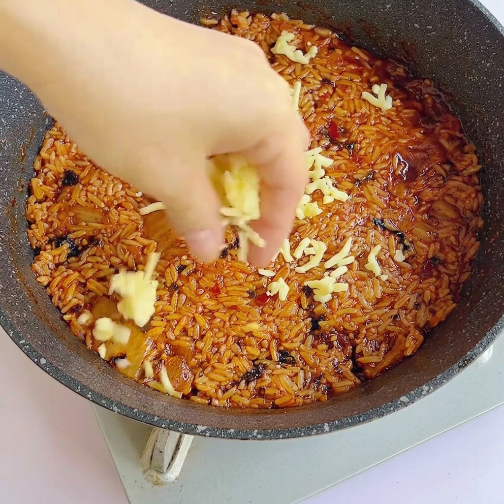 Eine Hand streut geriebenen Käse über den gebratenen Reis in der Pfanne.
