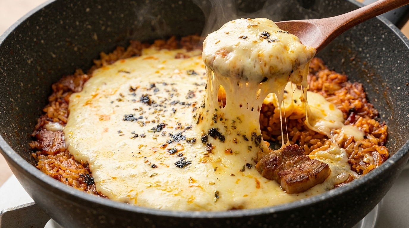 Koreanischer Schweinebauch-Kimchi-Käse-Reis