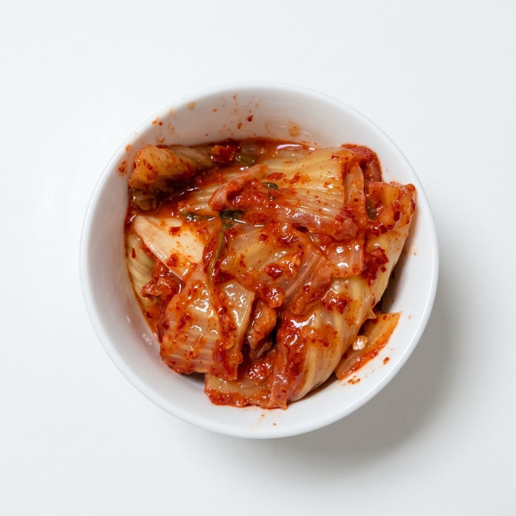 Eine Küchenschere schneidet rotes, würziges Kimchi in einer weißen Schüssel.