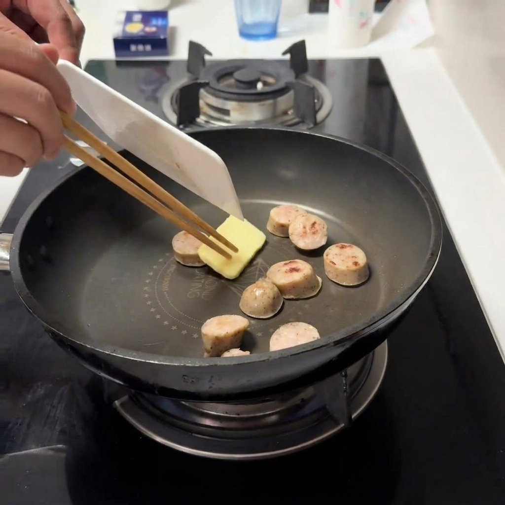 Ein kleines Stück Butter schmilzt in einer Pfanne neben gebräunten Wurstscheiben.