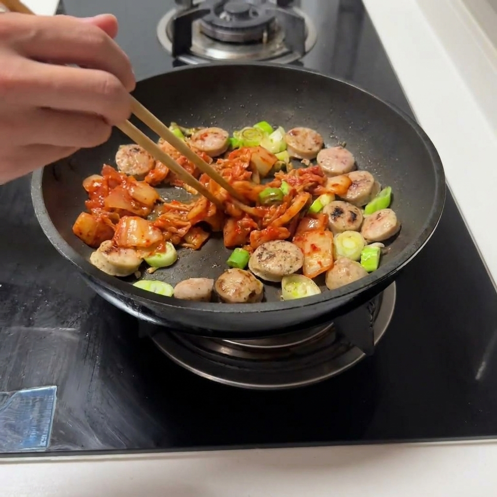 Geschnittenes Kimchi wird in der Pfanne mit der Wurst und den Aromaten vermengt.