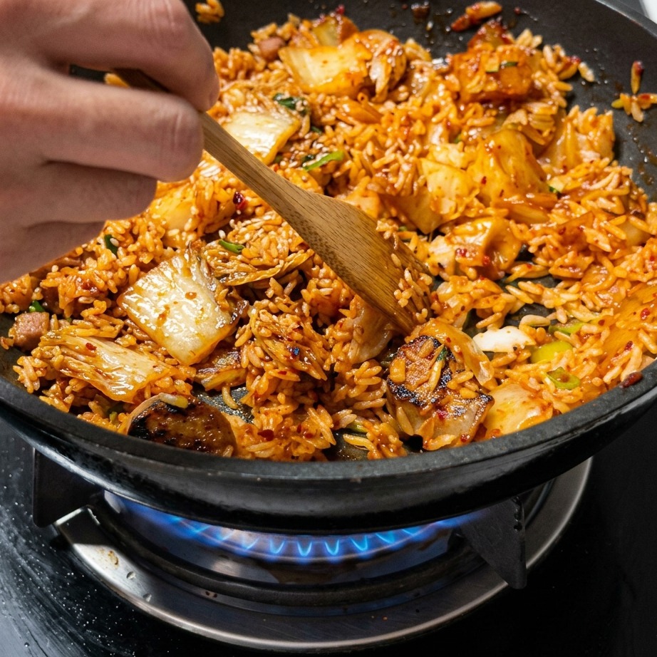 Gedämpfter Reis wird in einer heißen Pfanne mit einem Holzspatel mit Kimchi, Fleisch und Sauce vermischt.