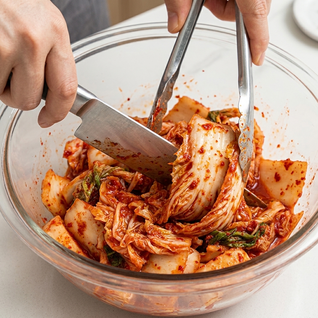 Saures Kimchi wird mit einer Küchenschere in einer klaren Glasschüssel in Stücke geschnitten.