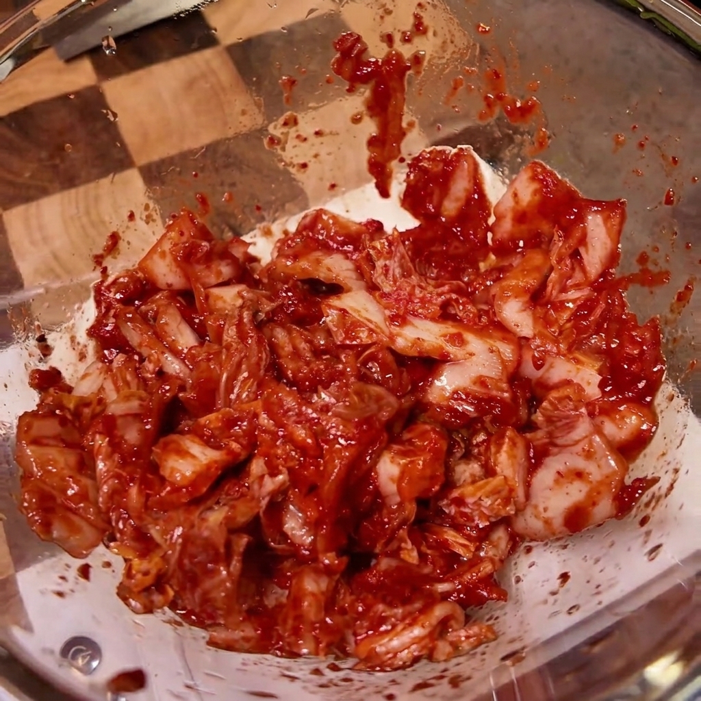 Eine Glasschüssel mit Kimchi, das mit verschiedenen flüssigen und pulverförmigen Zutaten gewürzt wird.