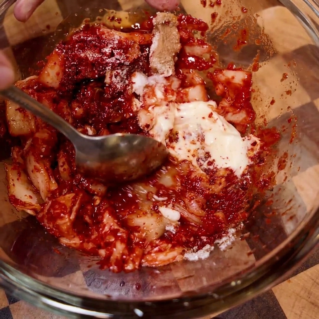 Die Kimchi-Gewürz-Mischung wird in einer Glasschüssel verrührt.