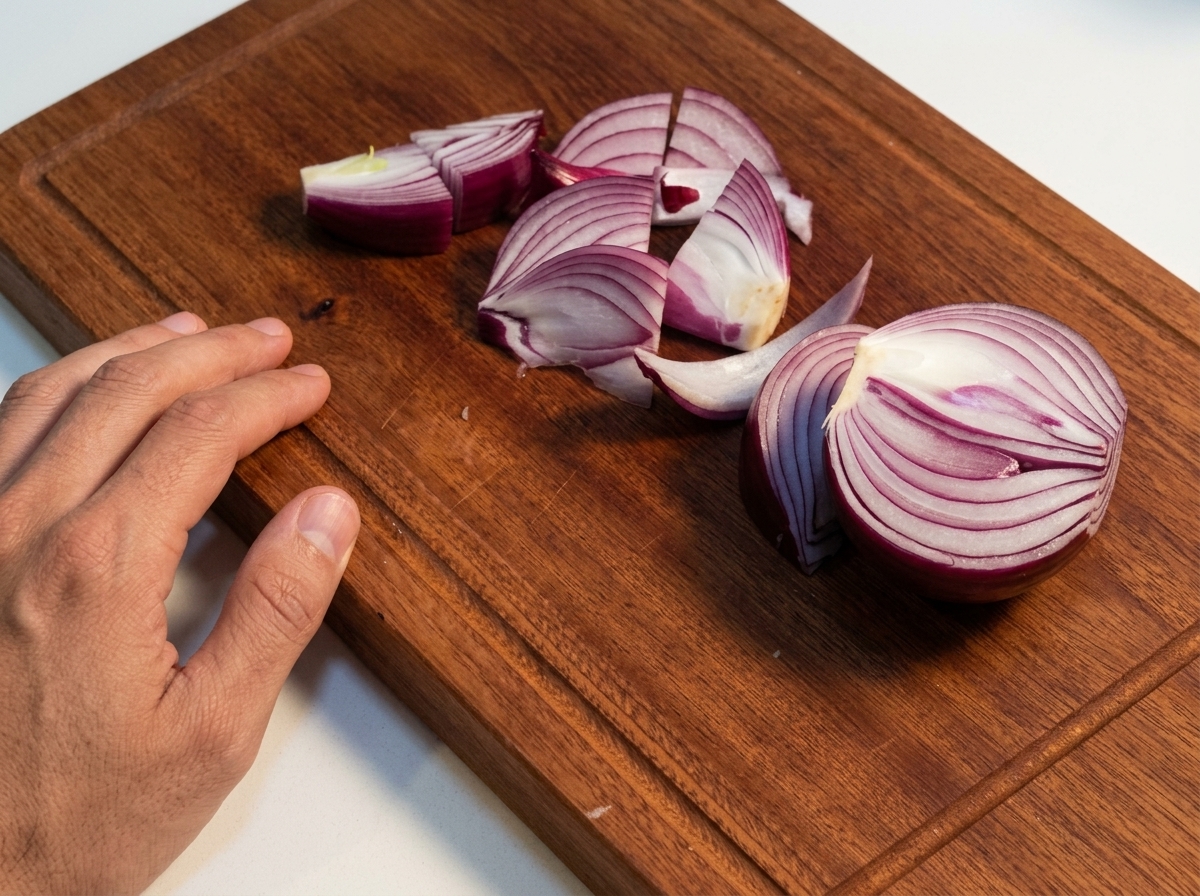 Eine rote Zwiebel wird auf einem Holzbrett in Stücke gehackt.