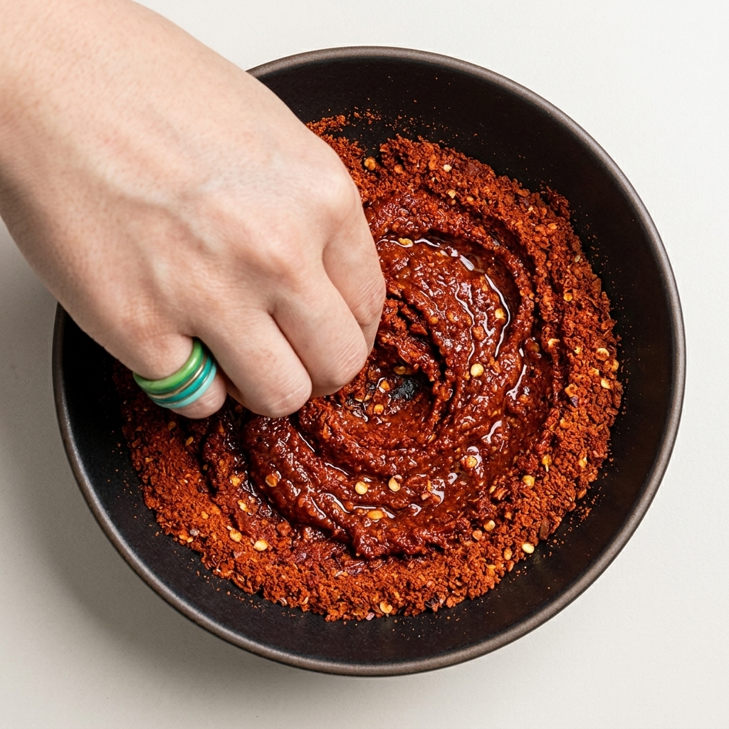Rote Chiliflocken werden mit einer behandschuhten Hand in abgekühlte Klebreispaste eingearbeitet.