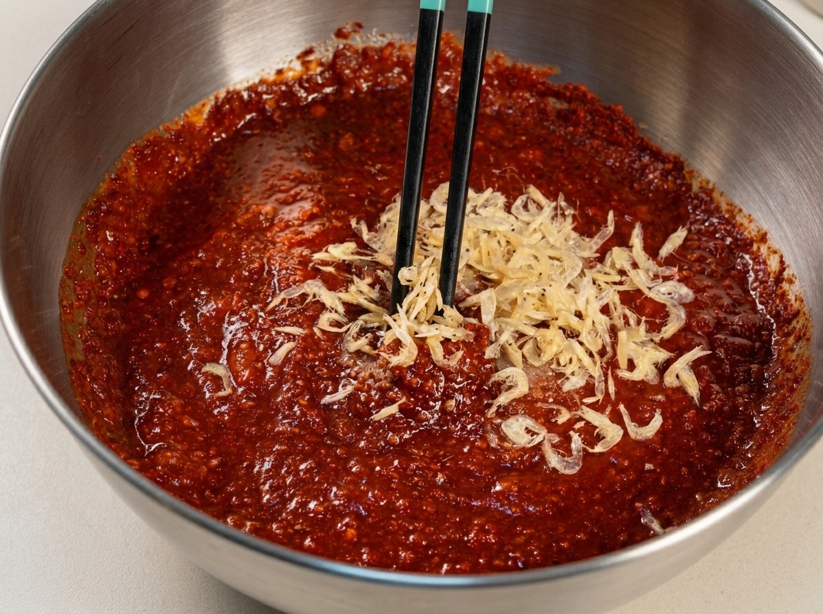Getrocknete Babygarnelen und Gewürze werden mit Stäbchen in eine reichhaltige rote Chili-Kimchi-Paste gerührt.