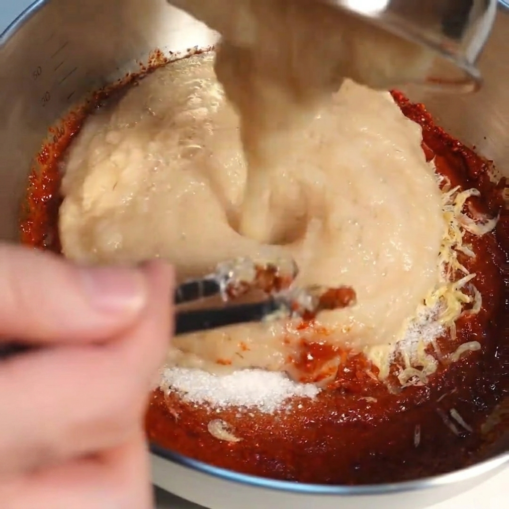 Ein geschmeidiges, helles Obst- und Gemüsepüree wird in eine große Schüssel mit roter Kimchi-Gewürzpaste gegossen.