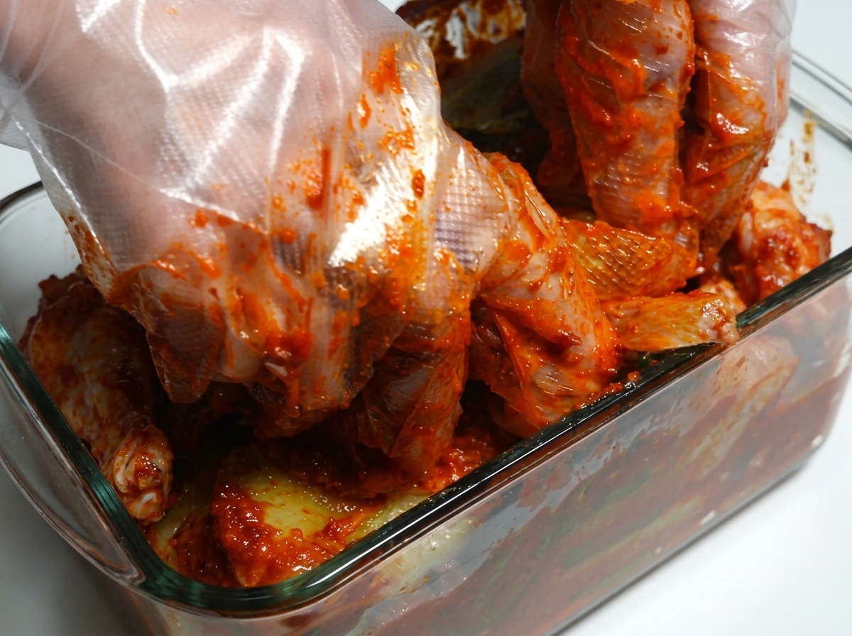Chinakohl, bedeckt mit würziger roter Chili-Paste, wird in einen Glasbehälter gepackt.