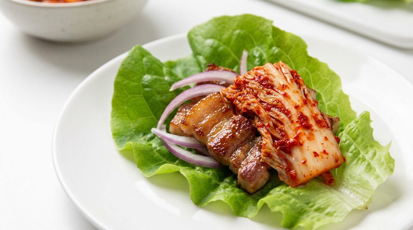 Hausgemachtes Kimchi und Koreanisches BBQ im Salatblatt
