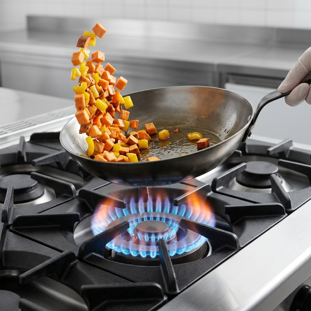 Die geheime Sauce wird über die Mischung in der Pfanne geträufelt.