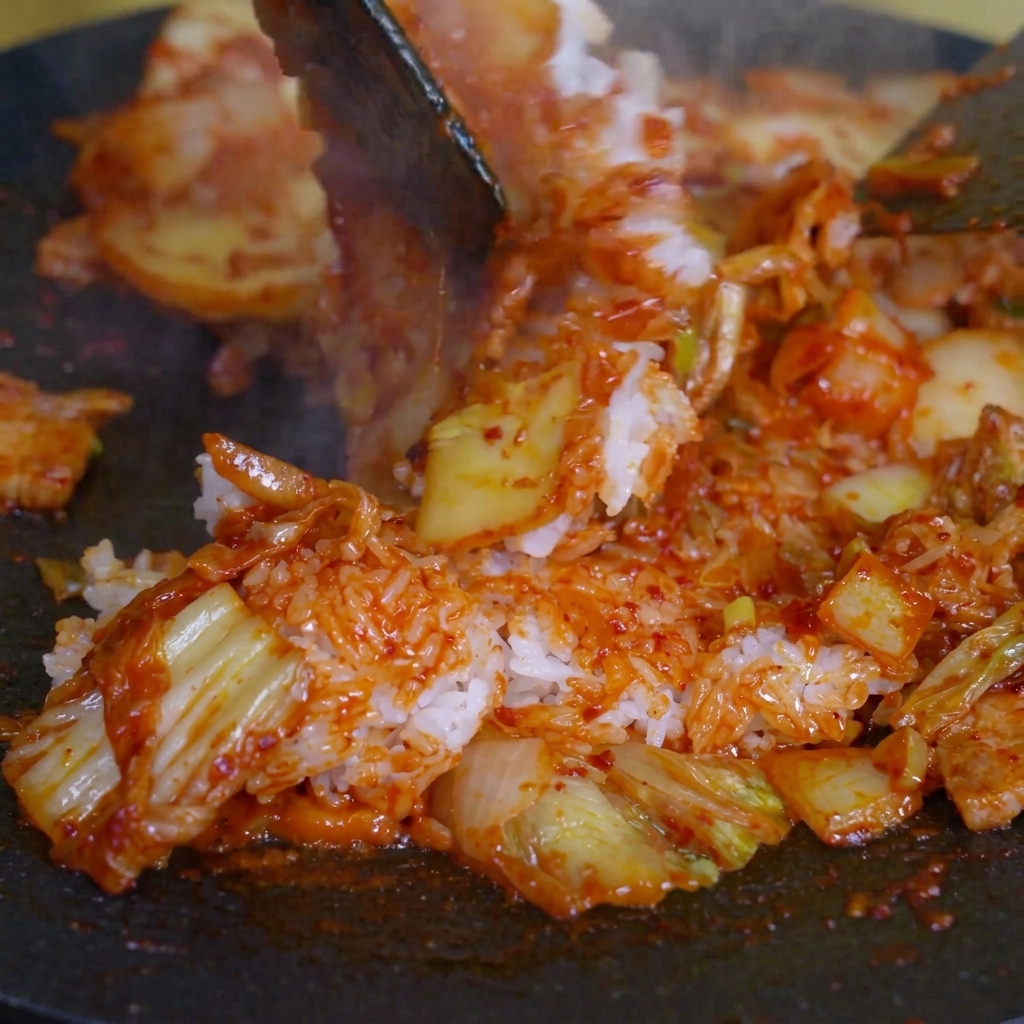 Reis und Kimchi werden mit zwei Pfannenwendern in der Pfanne vermischt.