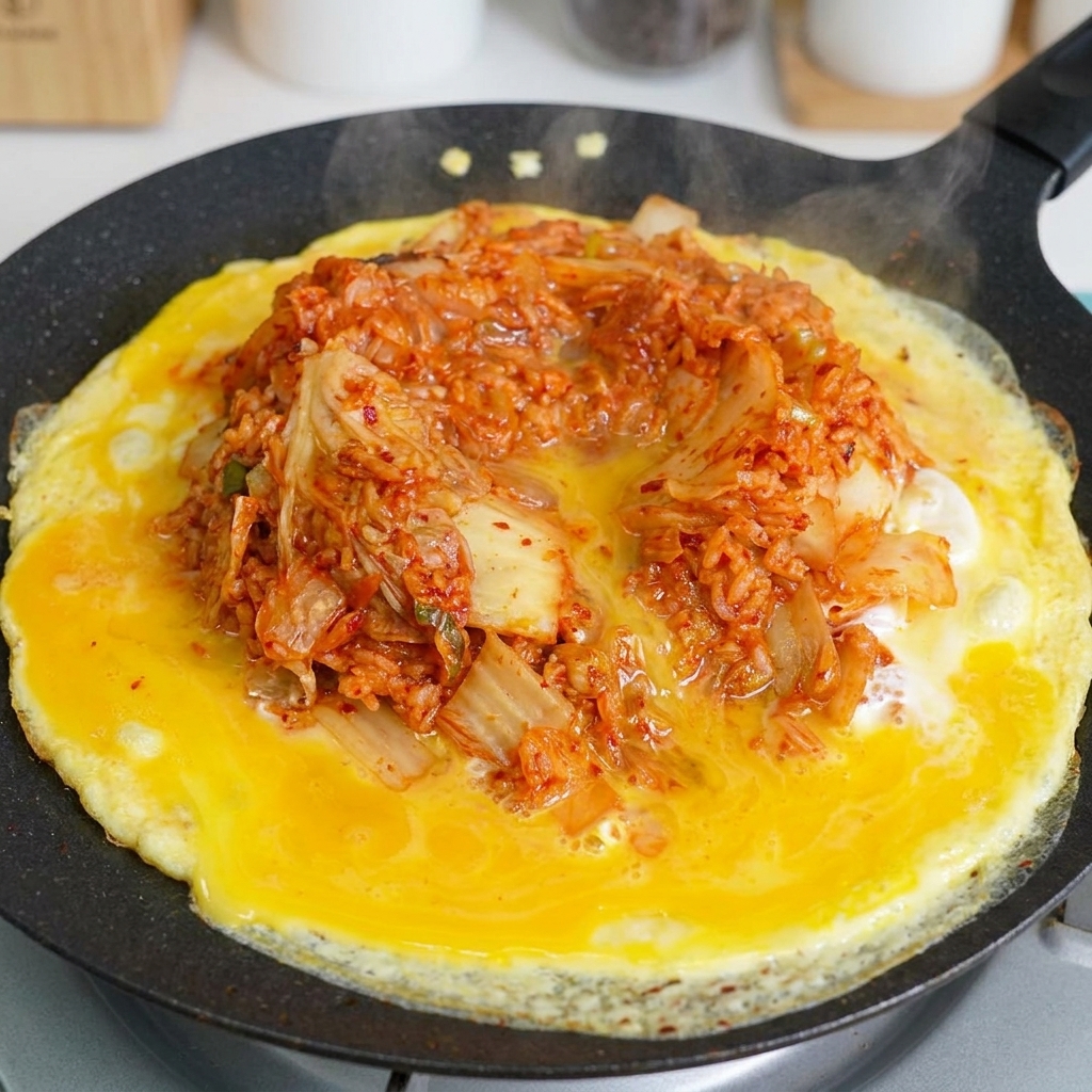 Ein Pfannenwender vermischt den Kimchi-Reis mit dem stockenden Ei in der Pfanne.