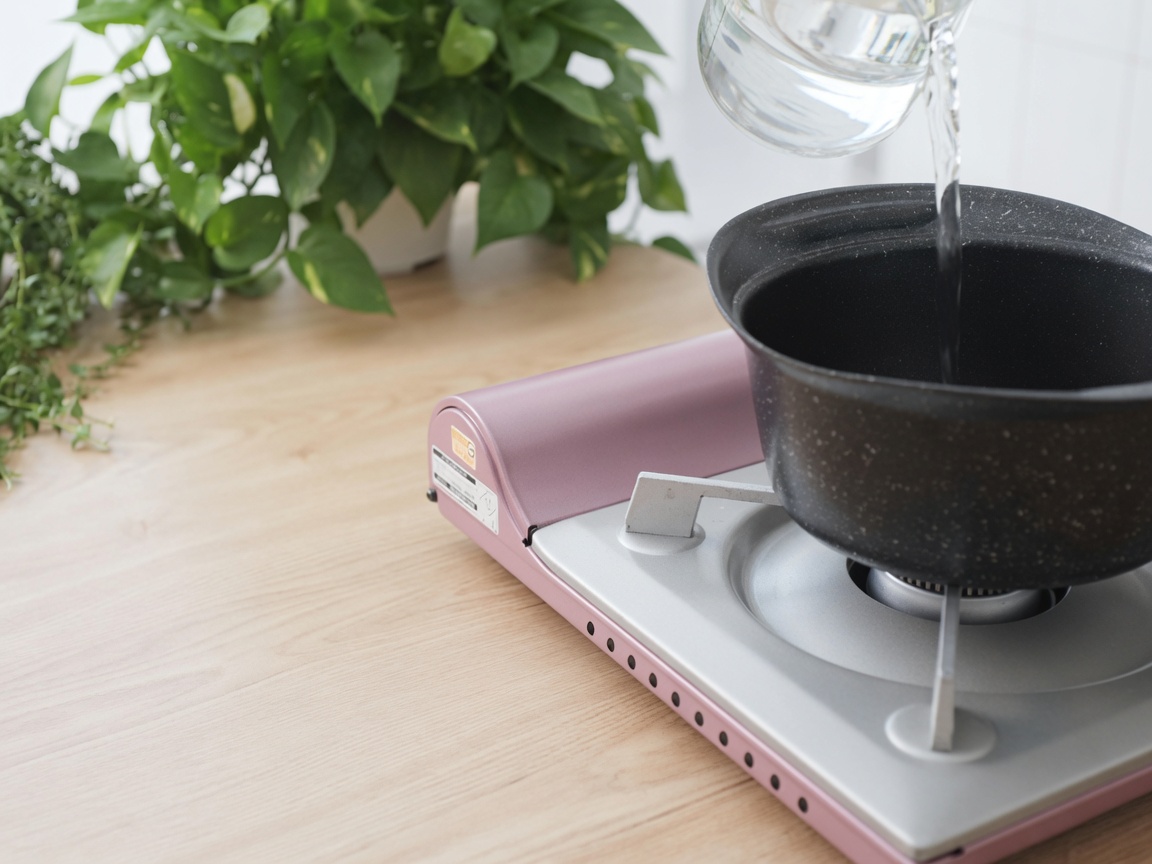 Wasser wird in einen schwarzen Topf auf einem rosa tragbaren Gaskocher gegossen.
