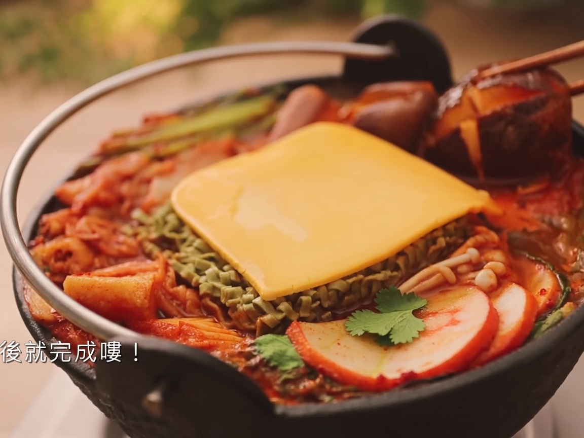 Koreanische Chilipaste wird in die aromatische Suppenbasis im Kochtopf gerührt.