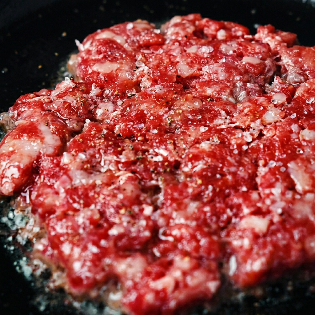 Ein rohes, gewürztes Rinderhackfleisch-Patty brutzelt in einer heißen gusseisernen Pfanne.
