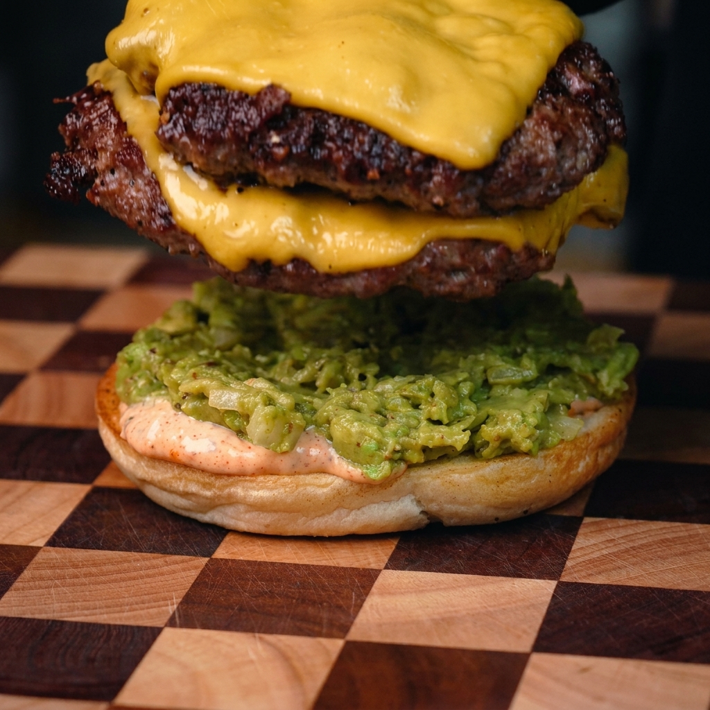 Doppel-Rindfleisch-Patty mit geschmolzenem Käse, auf ein mit Avocado bestrichenes Brötchen geschichtet.