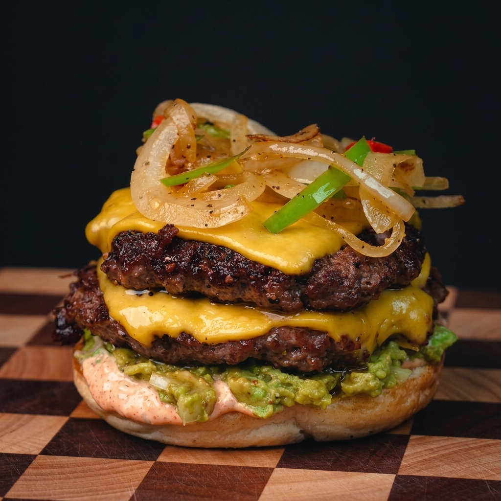 Das obere Brötchen wird auf einen komplett zusammengebauten Doppel-Cheeseburger mit gebratenen Zwiebeln und Paprika gelegt.