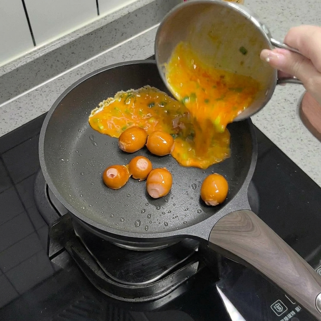Die Ei-Mischung wird in die Pfanne zu den gebratenen Würstchen gegossen.