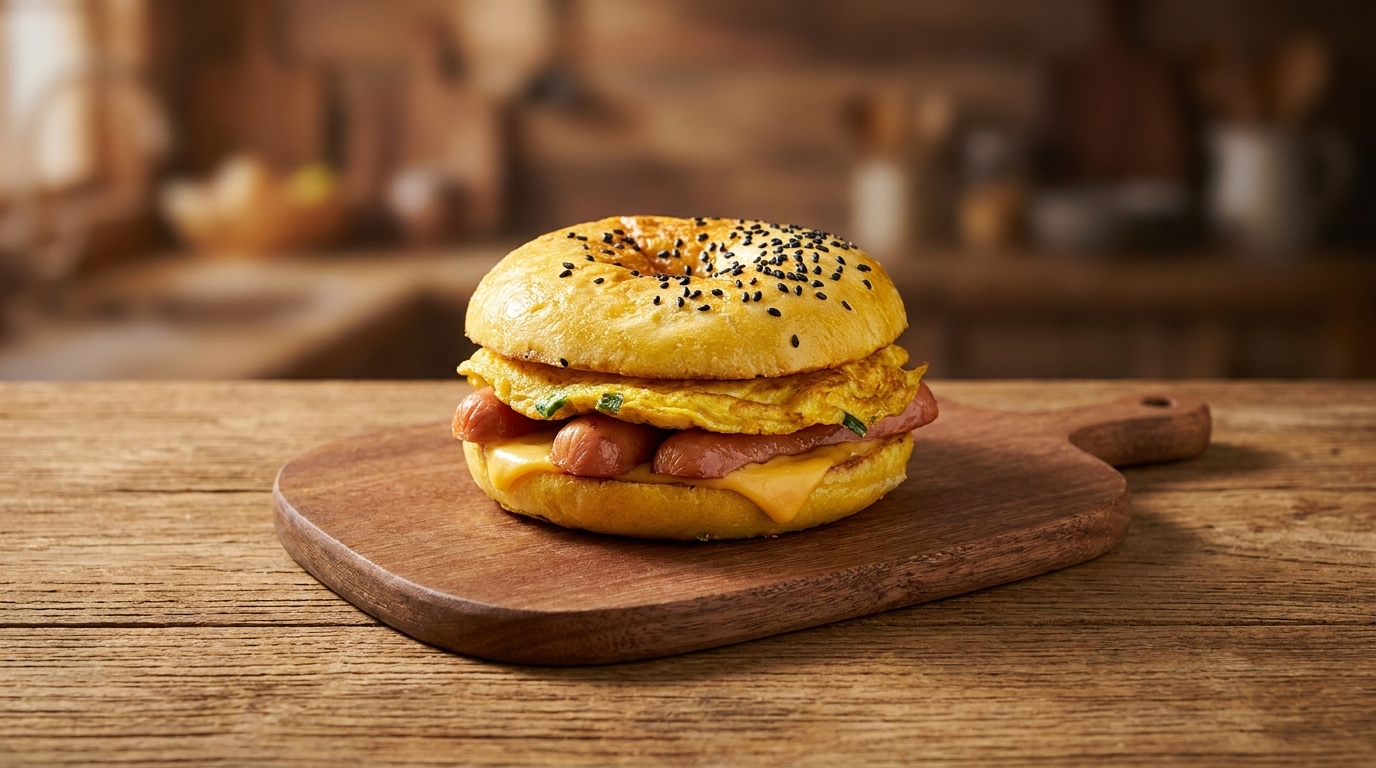 Chinesischer Frühstücks-Burger mit Wurst und Ei