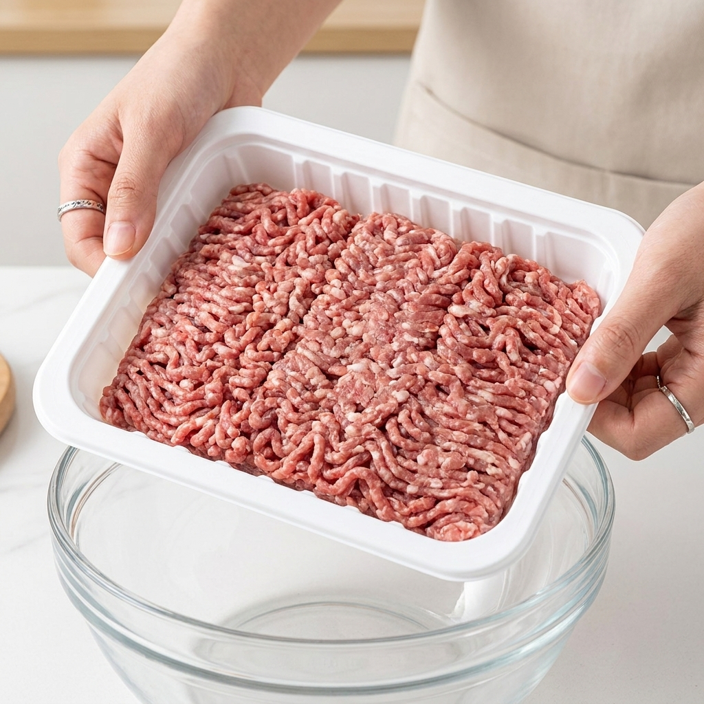 Eine Person gibt rohes, gemischtes Hackfleisch in eine große Glasschüssel.