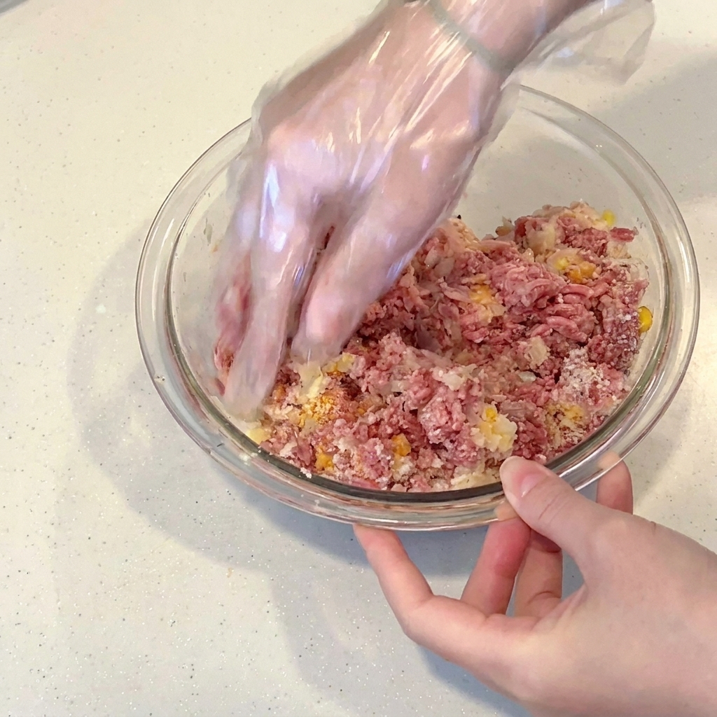 Eine Hand in einem Handschuh knetet rohes Hackfleisch mit Gewürzen in einer Glasschüssel.