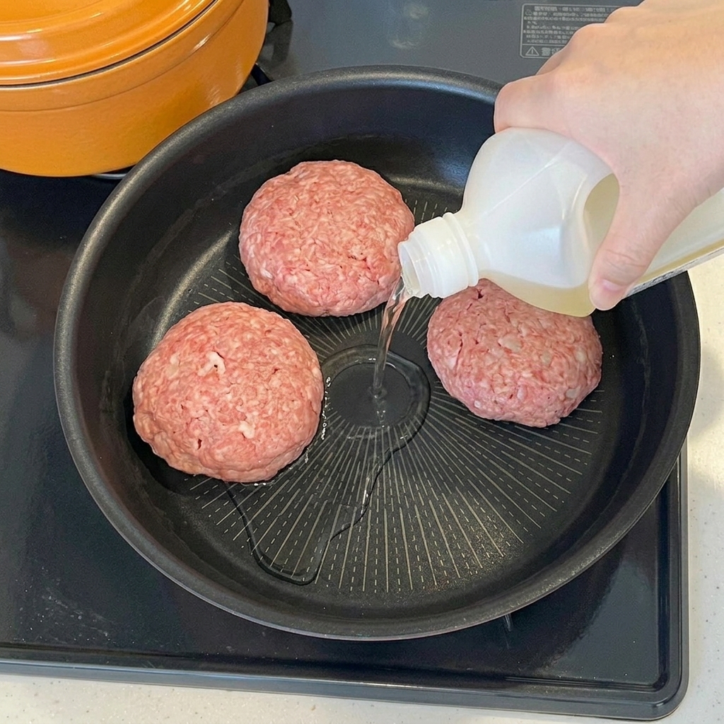 Speiseöl wird aus einer Flasche in eine Pfanne mit rohen Hambagu-Patties gegossen.