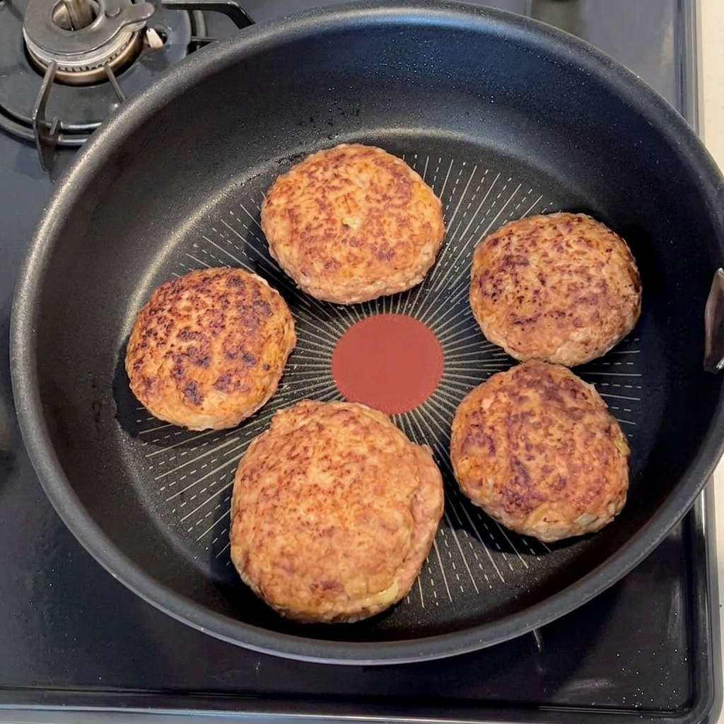 Wasser wird in eine Pfanne mit angebratenen Hacksteaks gegossen.