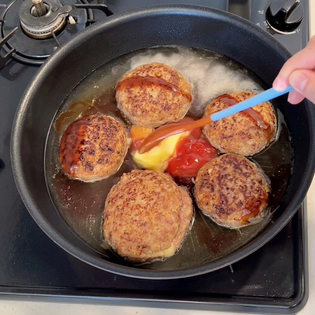 Tonkatsu-Sauce, Ketchup, Butter und Gewürze werden zu den Hambagu-Patties in die Pfanne gegeben.