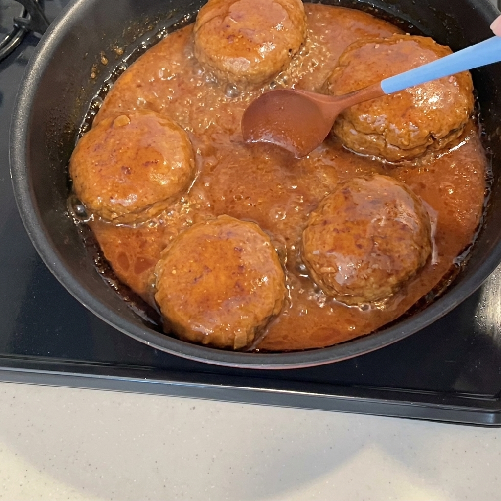 Eine dicke, glänzende Sauce blubbert in einer Pfanne mit Hacksteaks und wird eingekocht.